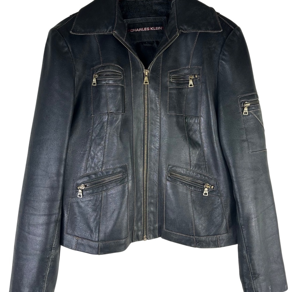 Charles Klein Moto Bomber Leather Jacket Coat Womens Sz Large Black Zip Up - Picture 2 of 8